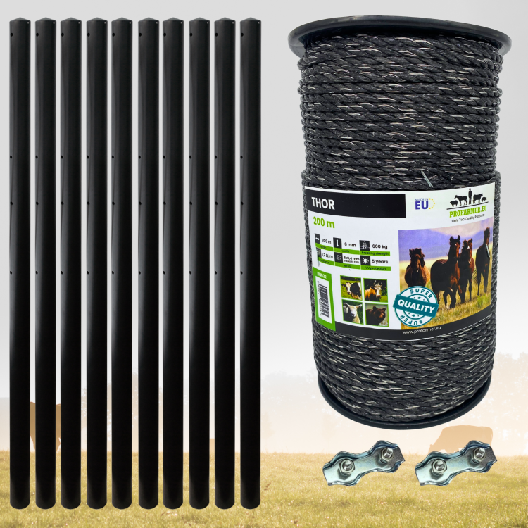 Zestaw ogrodzenia dla koni 50 słupków EquiSafe + 2 linki THOR 6 mm / 200 m czarny