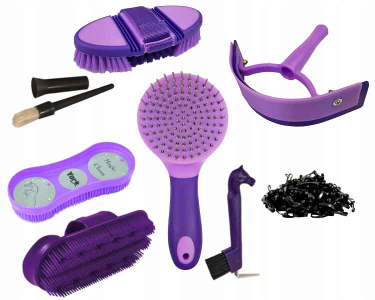 Duży zestaw szczotek dla konia koni fioletowy kopystka zgrzebło