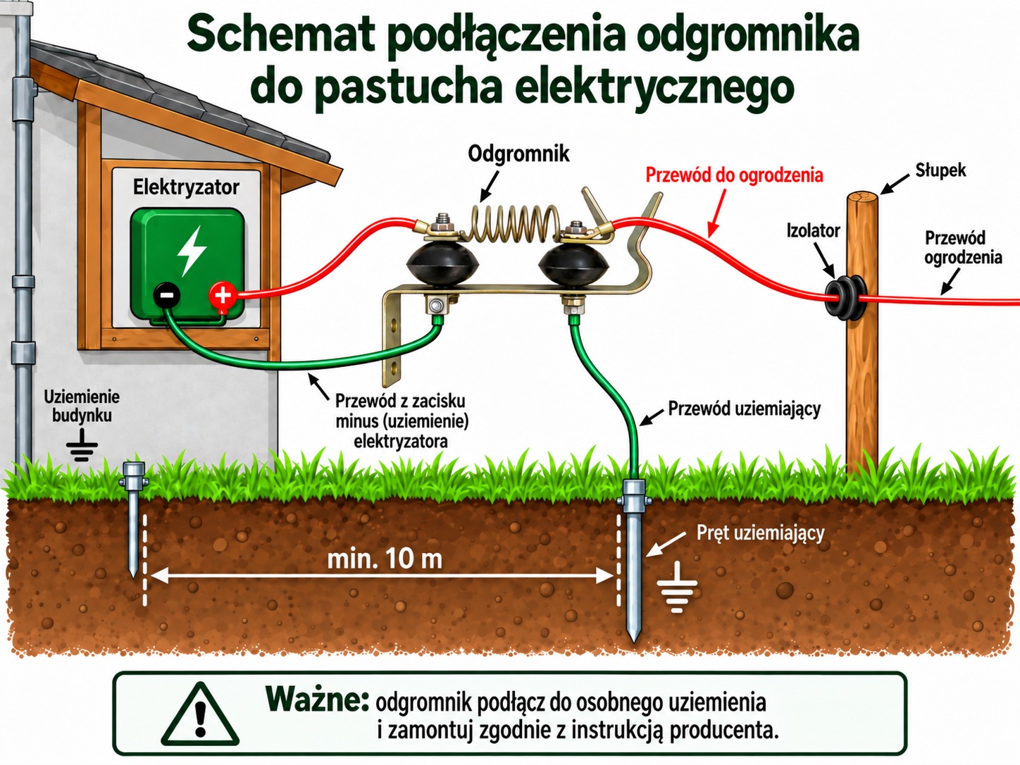 Schemat podłączenia odgromnika w pastuchu elektrycznym