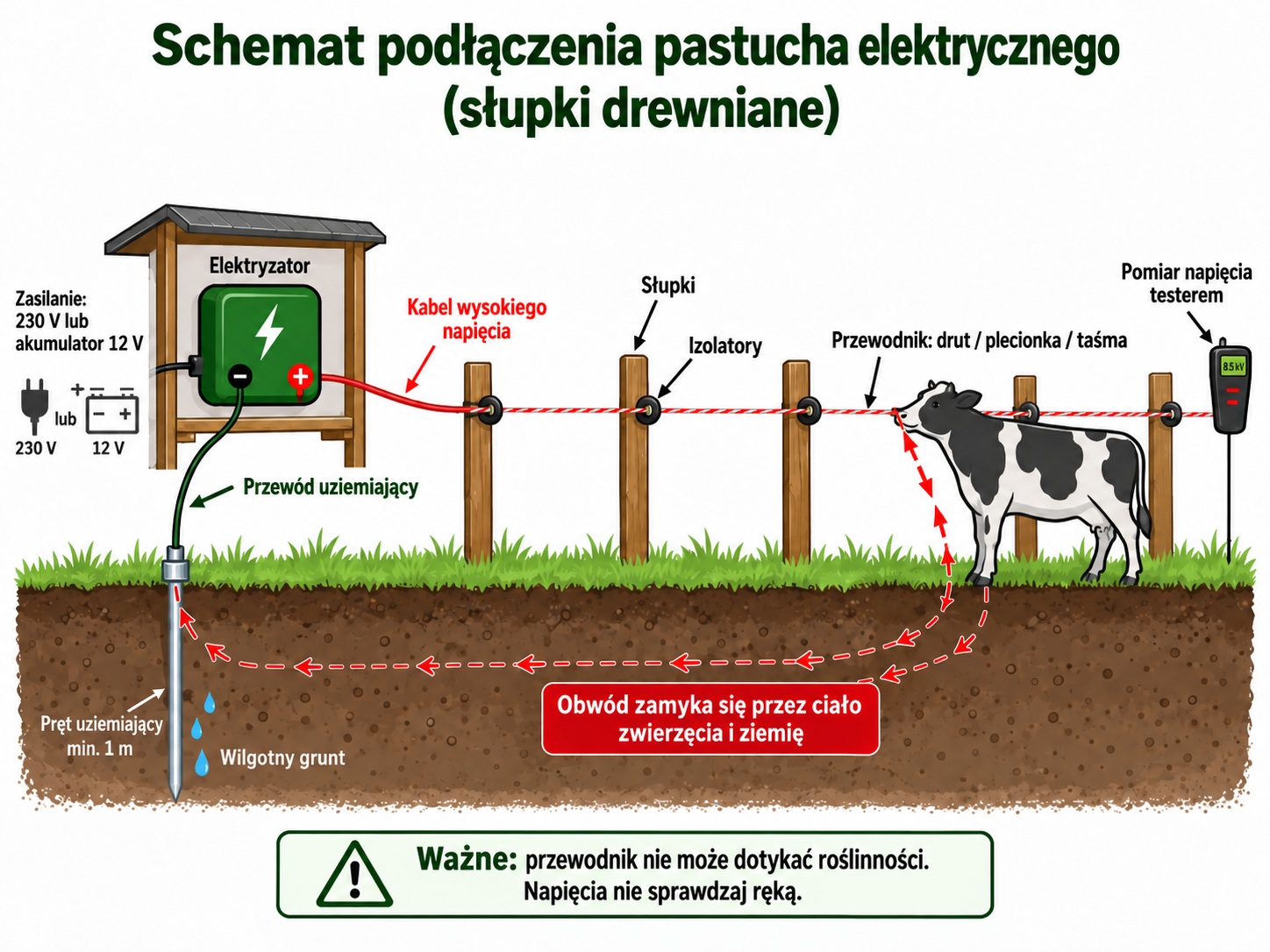 Schemat podłącznia pastucha elektrycznego(słupki drewniane)