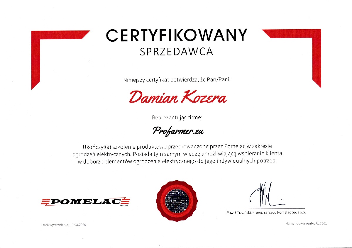 certyfikat sprzedawcy Pomelac Szczecin